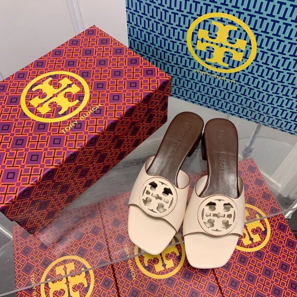 Tory Burch off white hollowed out logo Mueller high-heeled slippers